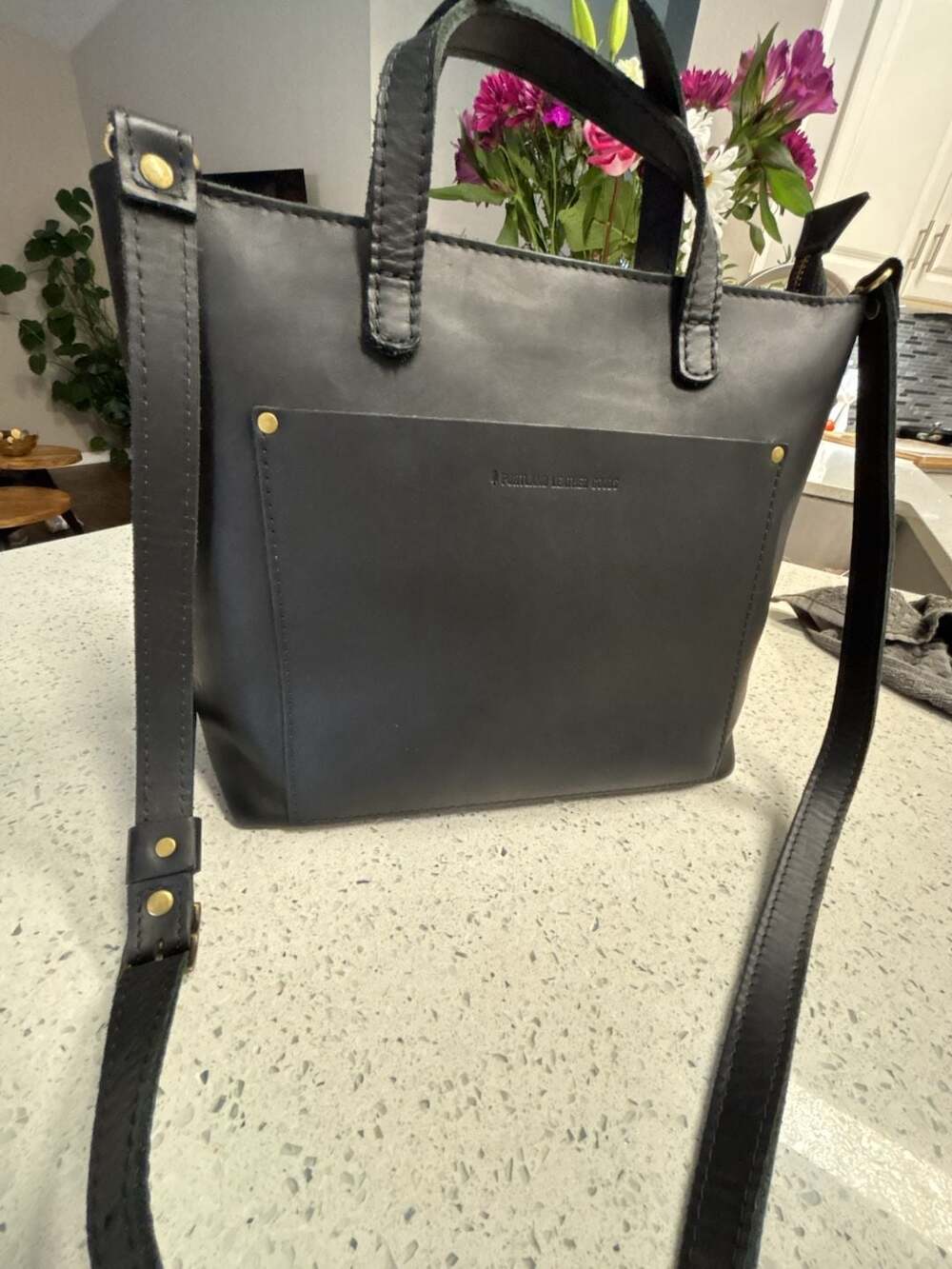 Black Leather Crossbody Tote Bag - Minimalist Everyday Style - Picture 4 of 13